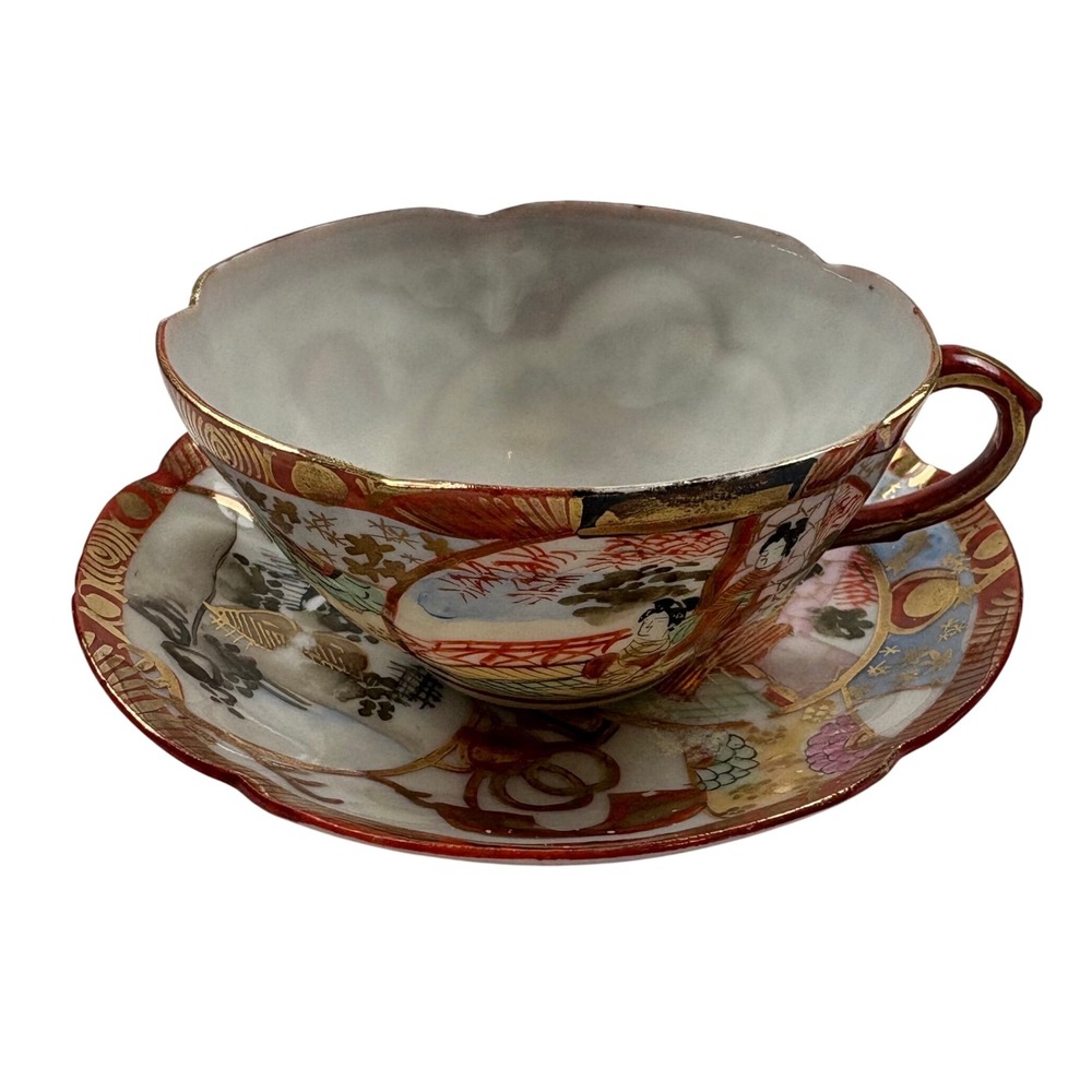 Antique Kutani Japan Tea Cup‎ & Saucer Set Hand Painted Porcelain Gold Signed